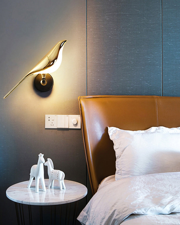 Aplique de pared con pájaro de metal dorado y negro, LED blanco cálido, decorativo para dormitorio y recibidor | Sansoti