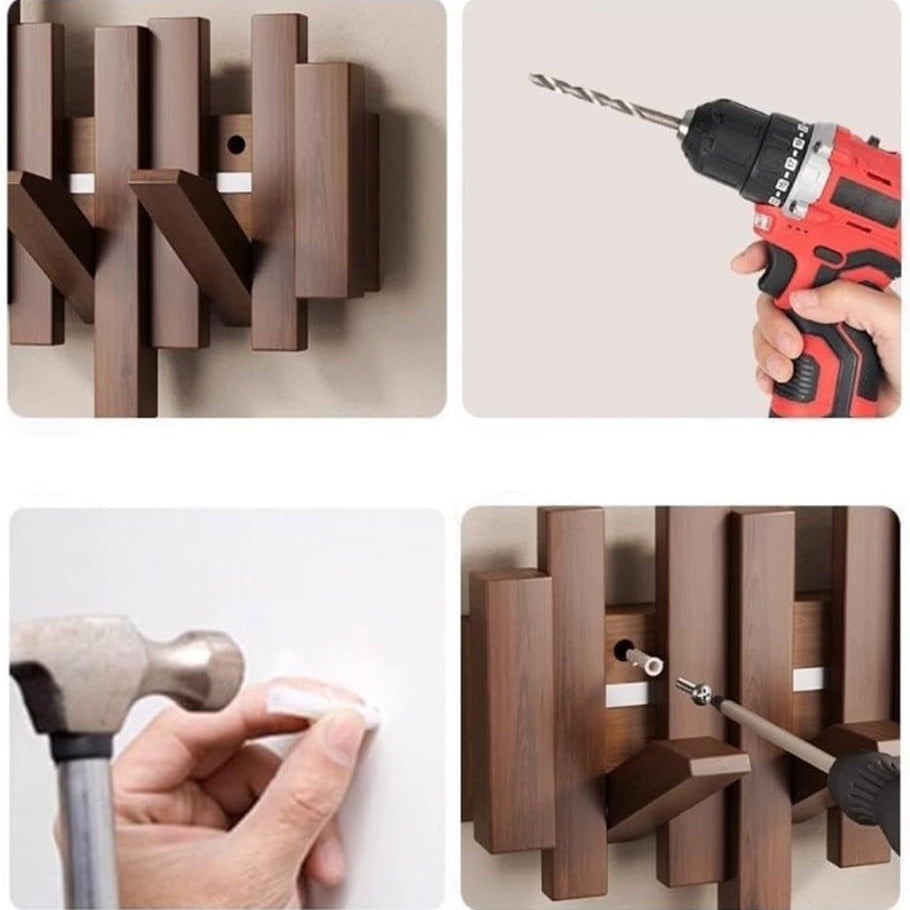 Wall Coat Rack with Magnetic Folding Hooks - Scandinavian Design - 4 to 10 Hooks - Modern Ash Wood or Walnut - Space-Saving Hallway Organizer - Keyhole Mounting | Sansoti