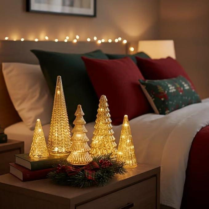 Verlichte Decoratieve Kerstbomen Set van 5 Glas-Look Bomen Warm Wit LED met Timerfunctie voor Sfeervolle Feestdagen | Sansoti