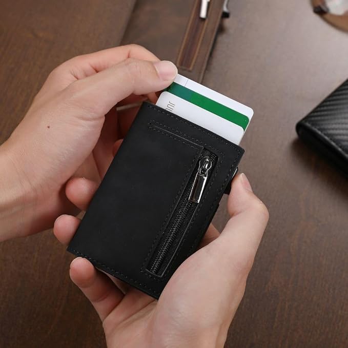 Kompakte Brieftasche mit Kartenhalter, RFID-Schutz, Münzfach, Geldscheinfach und Aluminium-Schieber für sicheres Bezahlen | Sansoti