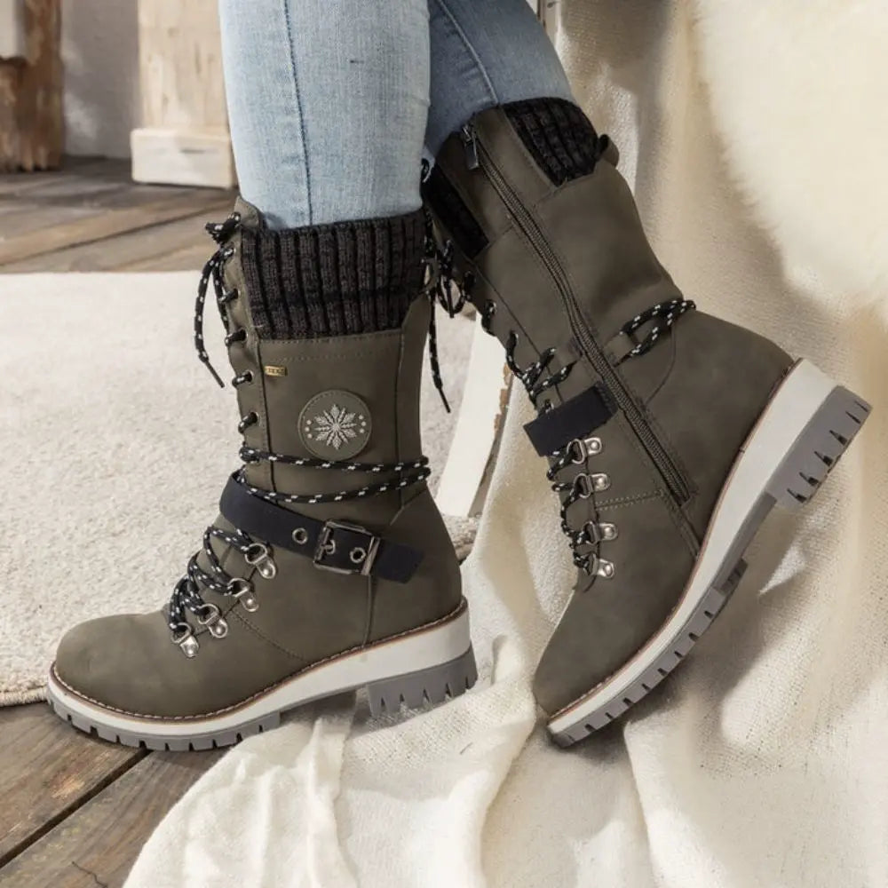 Waterdichte Enkellaarsjes Dames Winterlaarzen Antislip Warme Voering Vetersluiting Comfortabele Winterschoenen | Sansoti