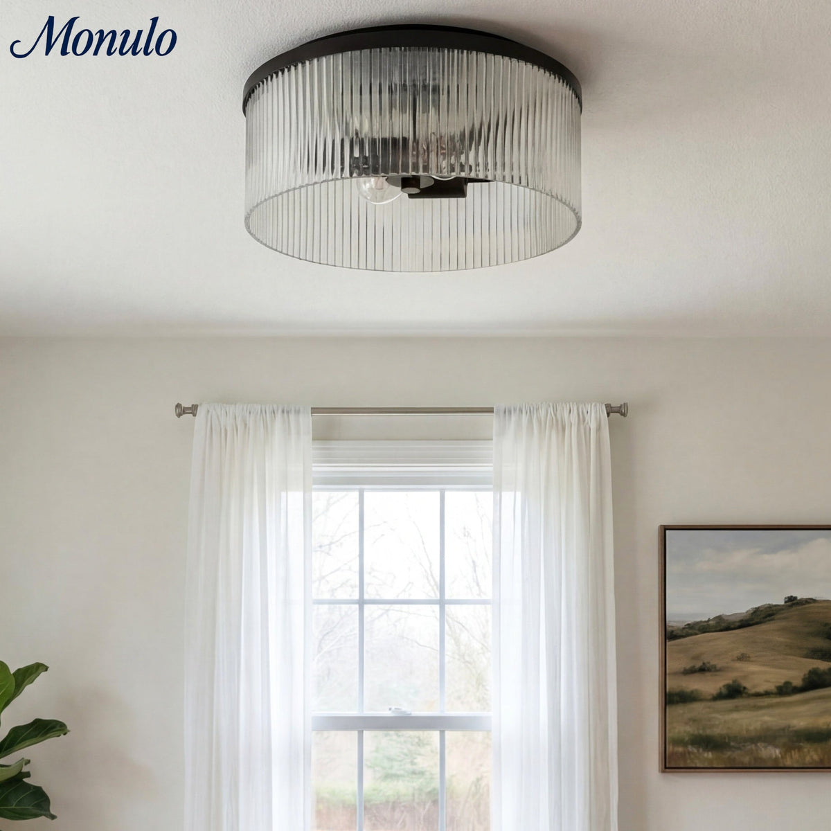 Ribbed Glass Ceiling Lamp Modern Low-Profile Design Bedroom Living Room Hall | Sansoti