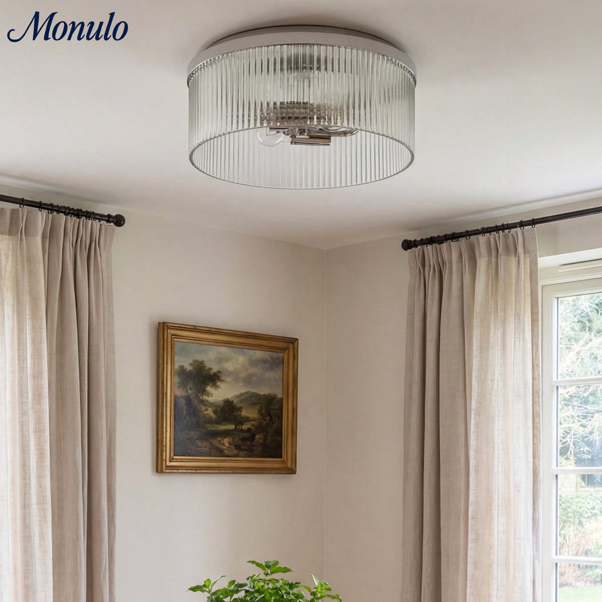Ribbed Glass Ceiling Lamp Modern Low-Profile Design Bedroom Living Room Hall | Sansoti
