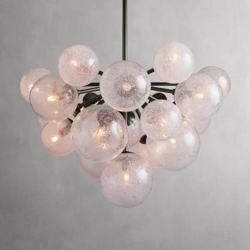 Glass Globe Chandelier, Hand-Blown Glass with Bubble Effect, Brass, Black, Nickel, Adjustable Pendant Lights | Sansoti