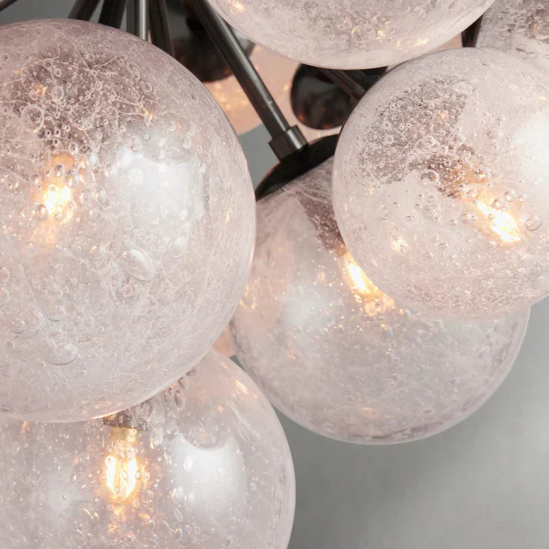 Glass Globe Chandelier, Hand-Blown Glass with Bubble Effect, Brass, Black, Nickel, Adjustable Pendant Lights | Sansoti