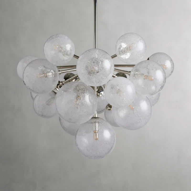 Glass Globe Chandelier, Hand-Blown Glass with Bubble Effect, Brass, Black, Nickel, Adjustable Pendant Lights | Sansoti