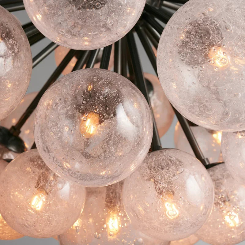 Glass Globe Chandelier, Hand-Blown Glass with Bubble Effect, Brass, Black, Nickel, Adjustable Pendant Lights | Sansoti