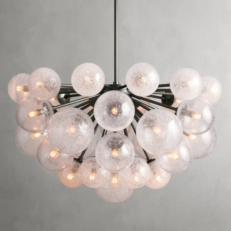 Glass Globe Chandelier, Hand-Blown Glass with Bubble Effect, Brass, Black, Nickel, Adjustable Pendant Lights | Sansoti