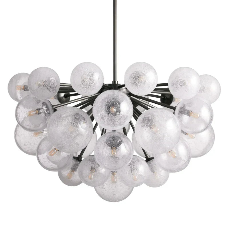 Glass Globe Chandelier, Hand-Blown Glass with Bubble Effect, Brass, Black, Nickel, Adjustable Pendant Lights | Sansoti