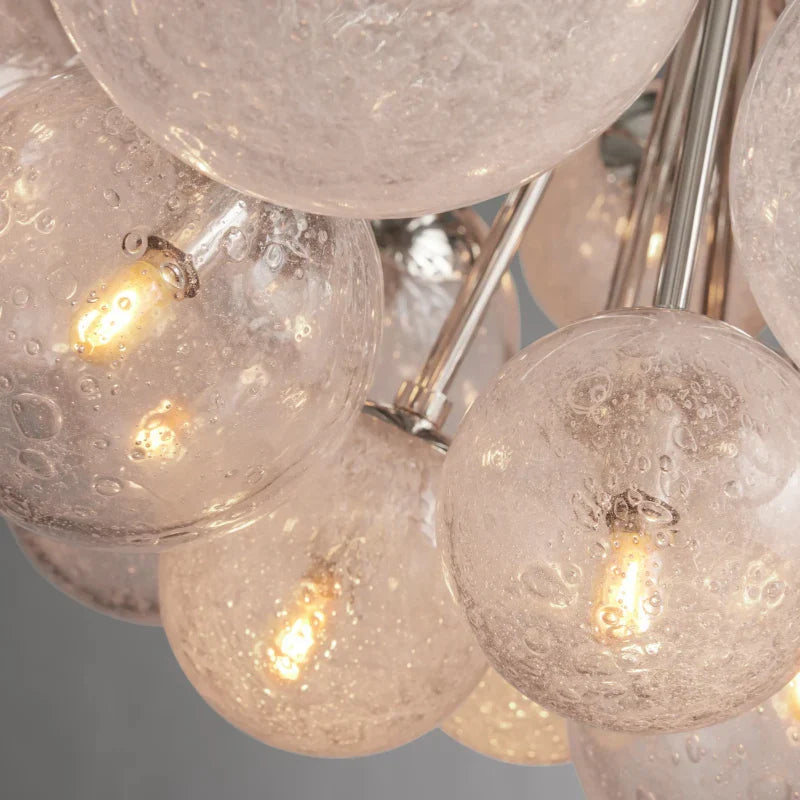 Glass Globe Chandelier, Hand-Blown Glass with Bubble Effect, Brass, Black, Nickel, Adjustable Pendant Lights | Sansoti
