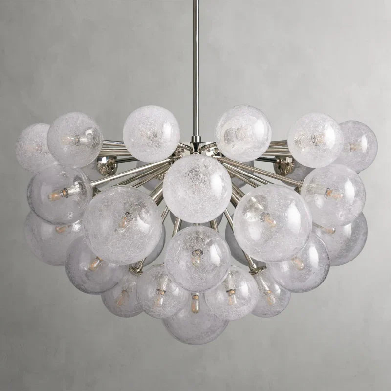 Glass Globe Chandelier, Hand-Blown Glass with Bubble Effect, Brass, Black, Nickel, Adjustable Pendant Lights | Sansoti