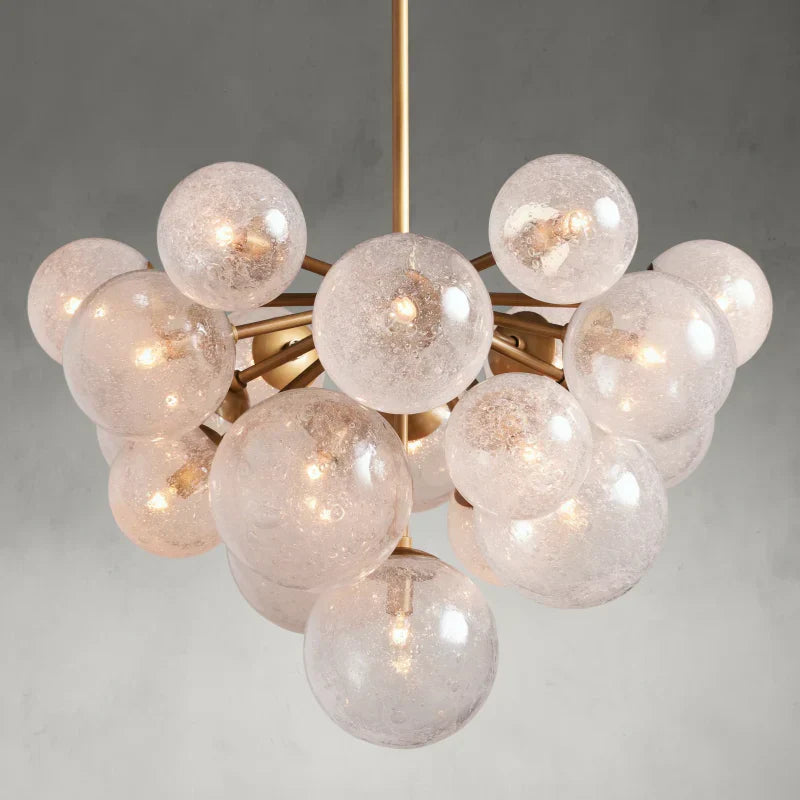 Glass Globe Chandelier, Hand-Blown Glass with Bubble Effect, Brass, Black, Nickel, Adjustable Pendant Lights | Sansoti