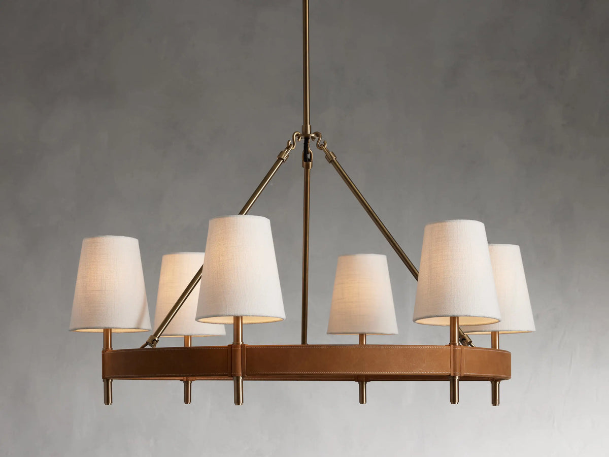 Round Chandelier Antique Brass Leather Linen Adjustable Classic Pendant Light for Dining Room and Living Room | Sansoti