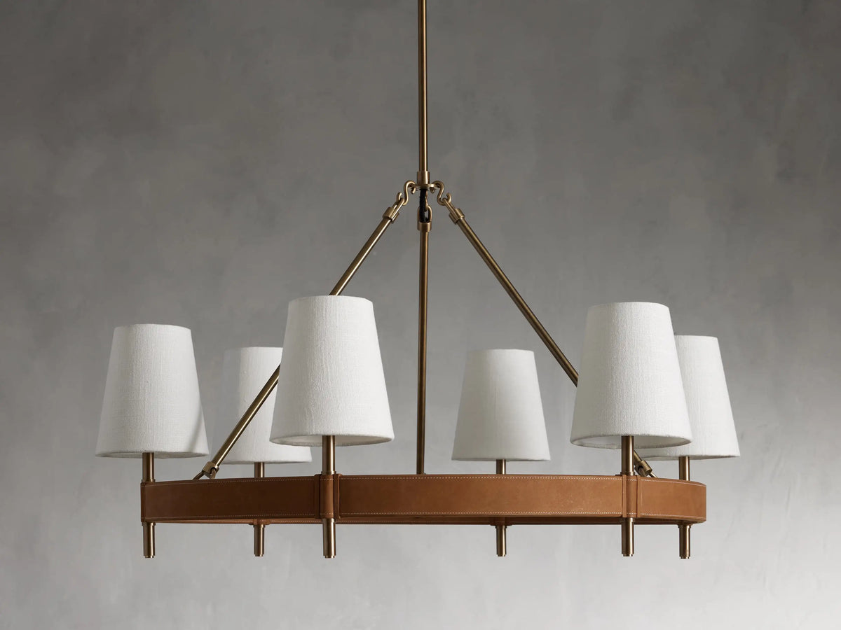 Round Chandelier Antique Brass Leather Linen Adjustable Classic Pendant Light for Dining Room and Living Room | Sansoti