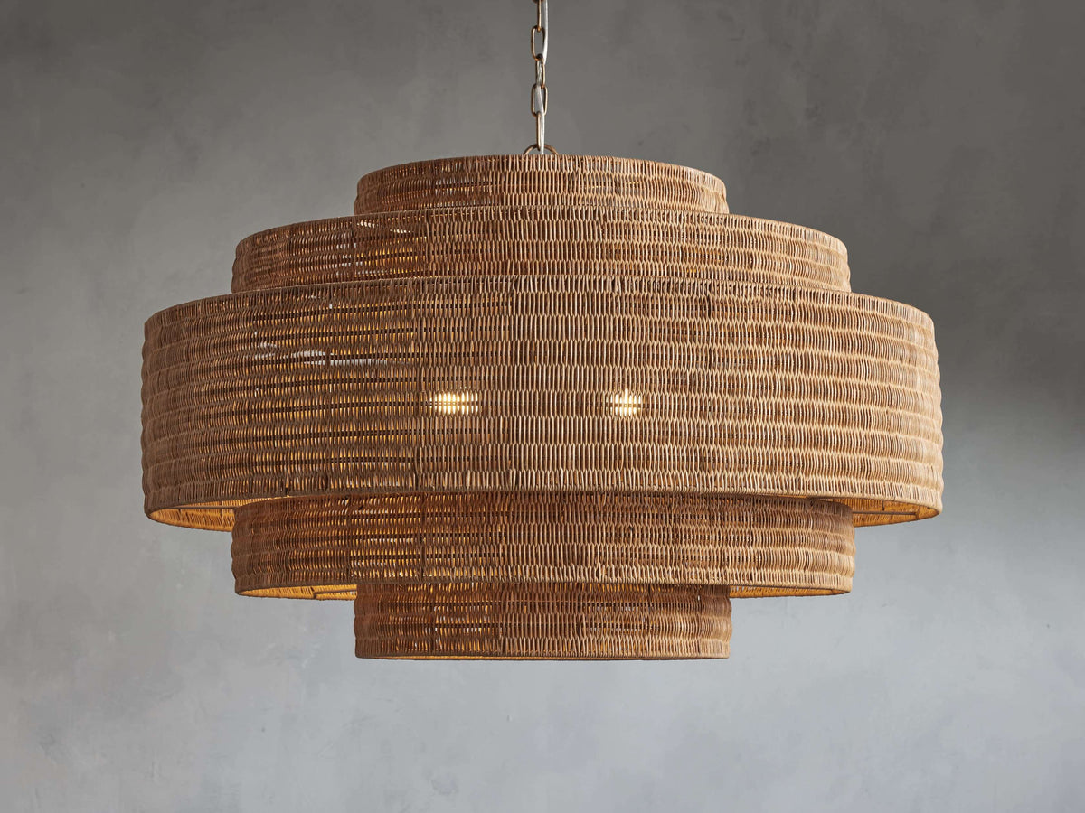 Woven Rattan Chandelier Layered Iron Frame Adjustable Height Pendant Light Dining Room Living Room Lighting | Sansoti