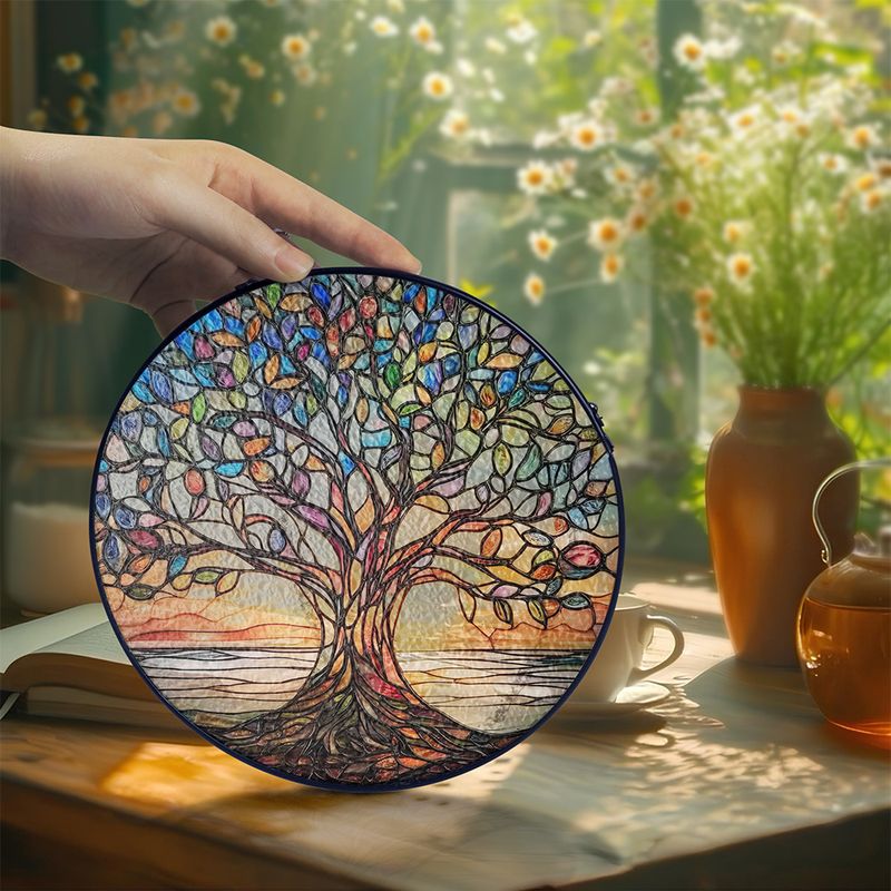 Handgefertigter Glas-in-Blei Lebensbaum Sonnenfänger 15 cm – Dekorativer Fensteranhänger mit Symbolik | Sansoti