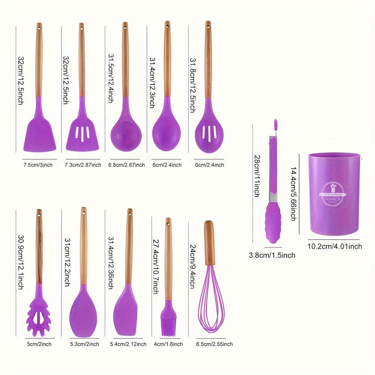 12-Piece Kitchen Utensil Set Silicone Wood Accent Heat-Resistant 230°C Non-Stick Cooking Spoons Spatula Kitchen | Sansoti