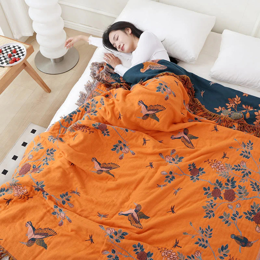 Multi-Layered Gauze Cotton Plaid with Tassels and Jacquard Pattern for Bed and Sofa | Sansoti