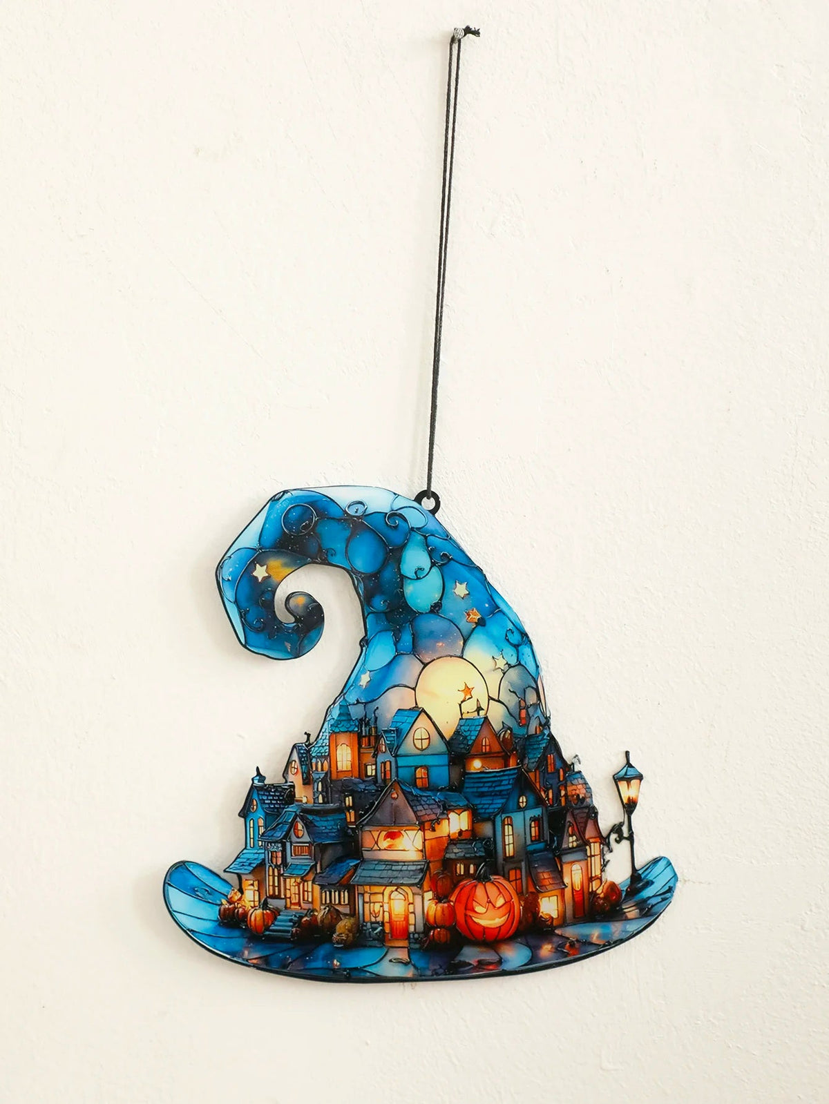 Acrylic Window Hanging Witch's Hat with Pumpkin Village Halloween Decoration Transparent Hanging Ornament Window Decoration | Sansoti