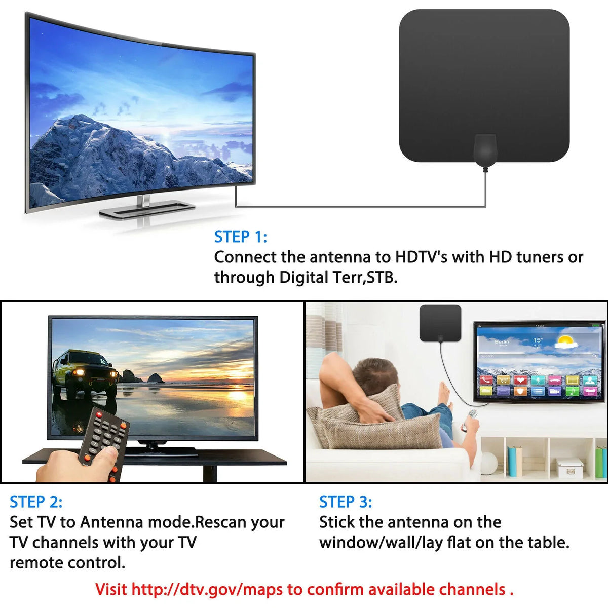 Digitale Zimmerantenne für TV mit 480km Reichweite, Signalverstärker, HDTV-Empfänger, ultradünnes Design, 4K-HD-Qualität | Sansoti