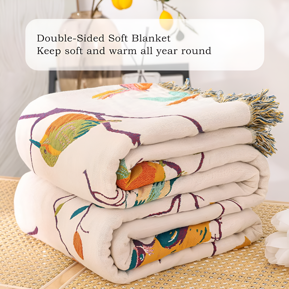 Cotton Plaid with Bird Motif and Tassels – Vintage Boho Style Blanket for Sofa, Bed, or Picnic | Sansoti