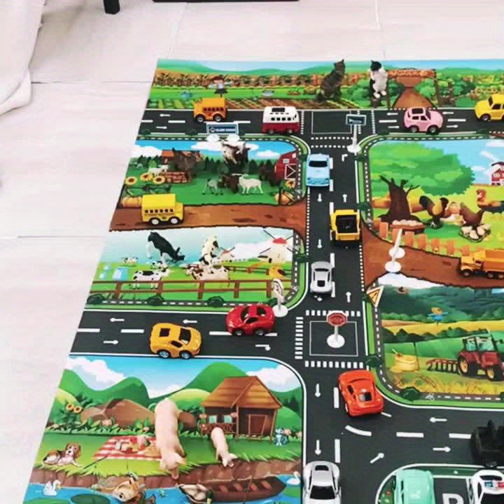 Spielteppich Kinder 100x130cm Bauernhof Straßen Rutschfest Spielmatte Spielzeugautos Tiere Verkehrsdecke Kinderzimmer Teppich | Sansoti