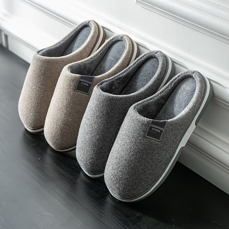 Heren Pantoffels met Visgraatpatroon Warme Pluche Voering Antislip Zool Comfortabel Thuisschoeisel Winter | Sansoti