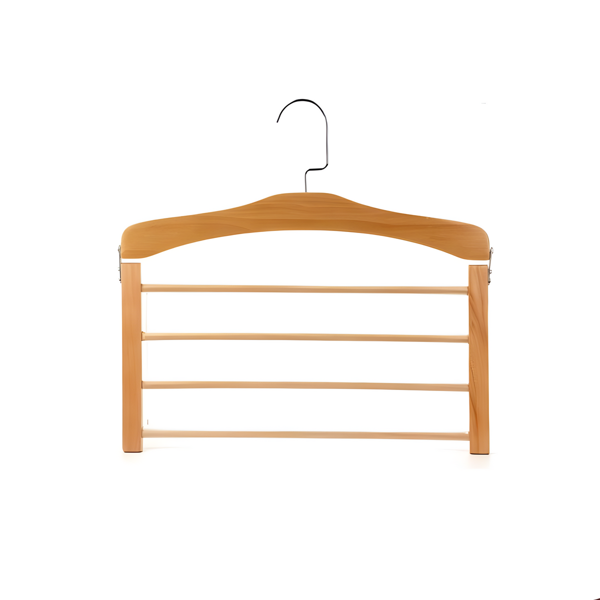 Drewniane wieszaki na ubrania z orzecha i naturalnego drewna – klasyczne, z metalowym haczykiem – 38x38x12cm | Sansoti