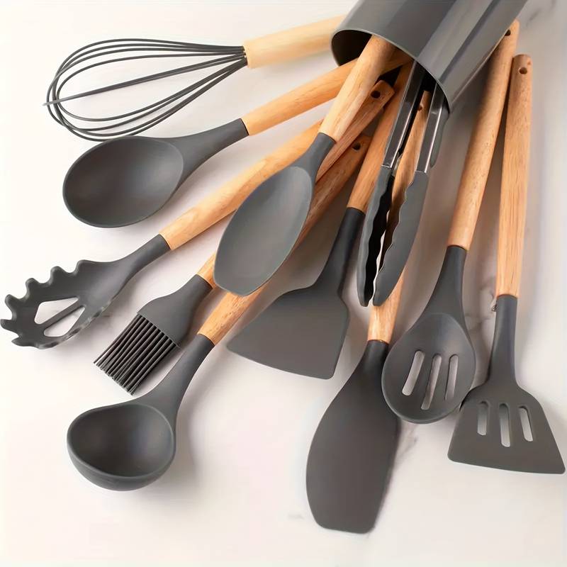 12-Piece Kitchen Utensil Set Silicone Wood Accent Heat-Resistant 230°C Non-Stick Cooking Spoons Spatula Kitchen | Sansoti
