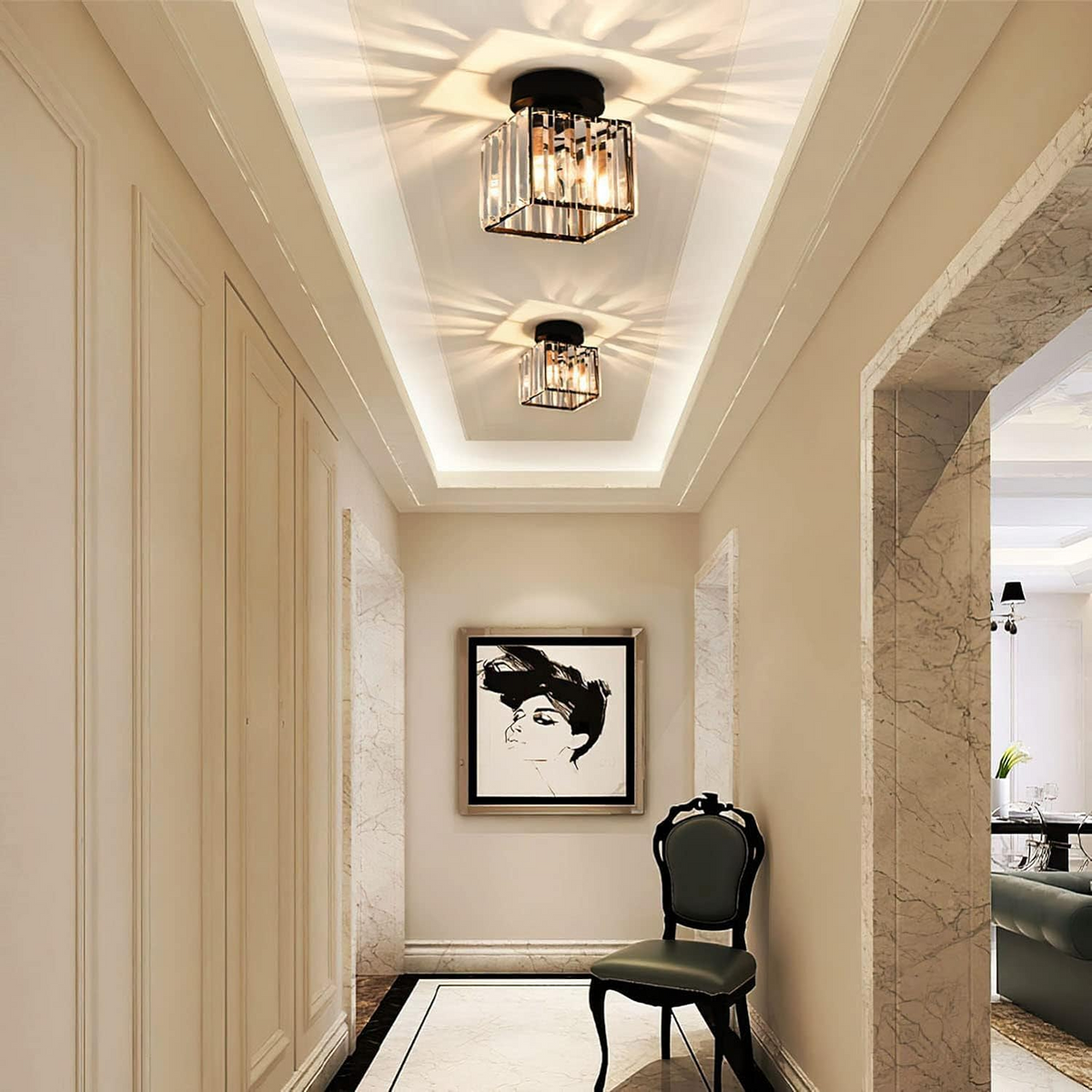 Ceiling Lamp Crystal Black Silver Gold E27 Surface Mounted Modern Hall Living Room | Sansoti