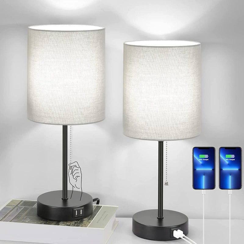 Set of 2 Modern Table Lamps with USB Ports and Integrated Outlet – Stylish Night Lights with Pull Switch for Bedroom Living Room Office | Sansoti