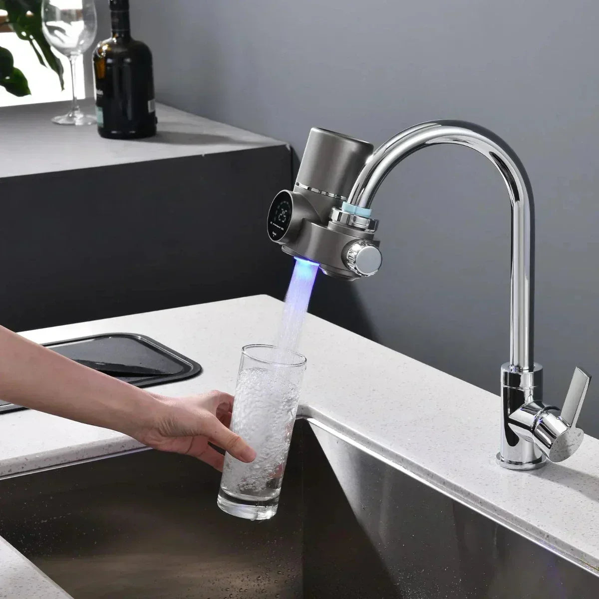 Filtre à eau pour robinet avec affichage de la température par LED en ABS et acier inoxydable, deux modes, purification de l’eau du robinet de cuisine | Sansoti