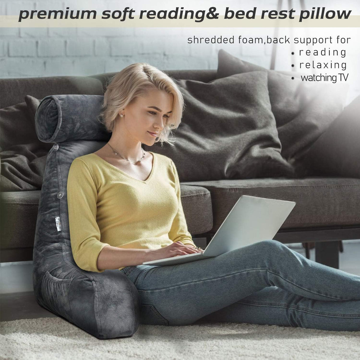 Ergonomisches Lesekissen mit Armlehnen 75x45cm, Samt, verstellbare Rückenstütze für Bett und Sofa, Komfort und Entspannung | Sansoti