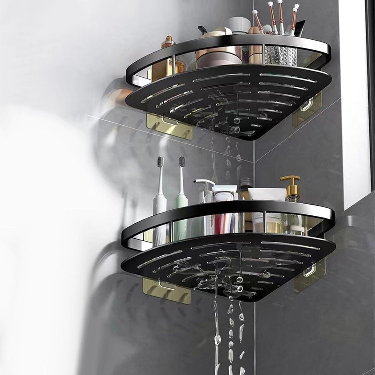 Aluminum corner shelf for shower and bathroom without drilling with strong adhesive pad black silver | Sansoti