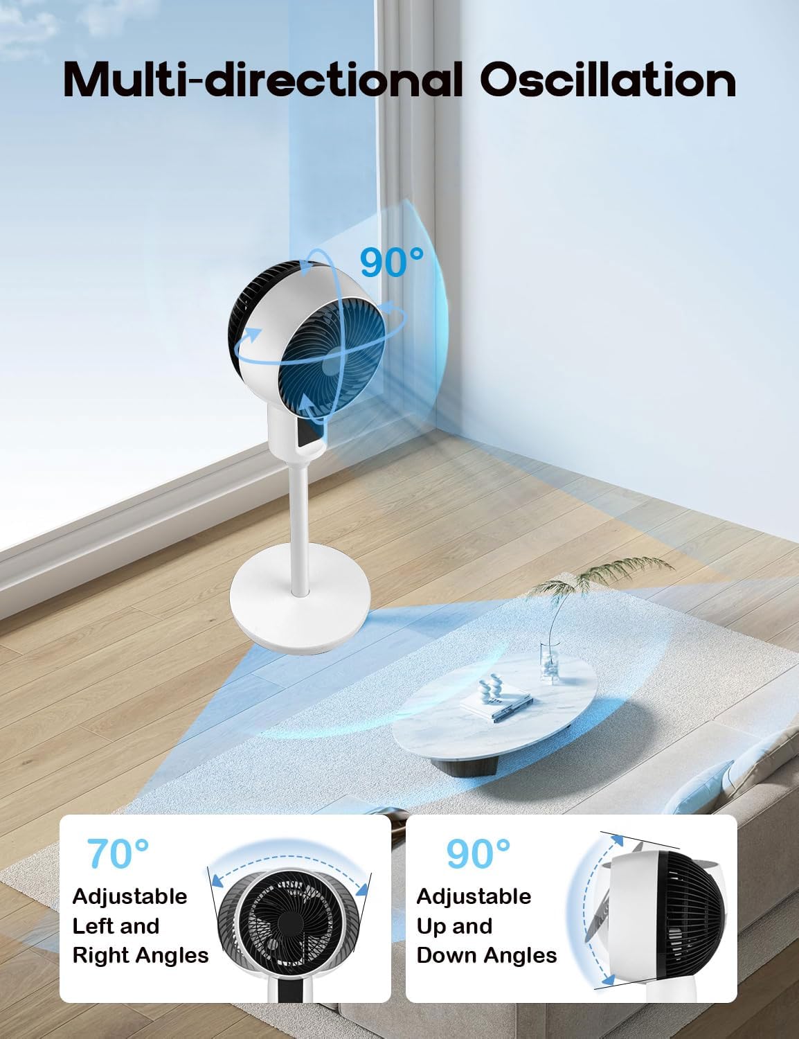 Adjustable Desk Fan 47 to 100 cm 3 Settings 3D Oscillation Quiet DC Motor White | Sansoti