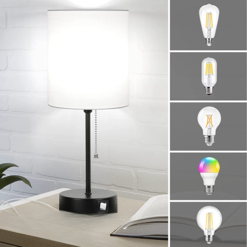 Set of 2 Modern Table Lamps with USB Ports and Integrated Outlet – Stylish Night Lights with Pull Switch for Bedroom Living Room Office | Sansoti