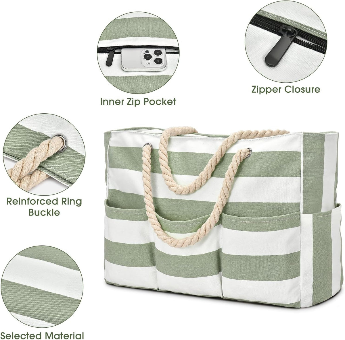Sac de plage XXL en toile avec fermeture éclair, étanche, 7 poches, sans sable, sac de piscine, de voyage, cabas et bandoulière pour les vacances | Sansoti