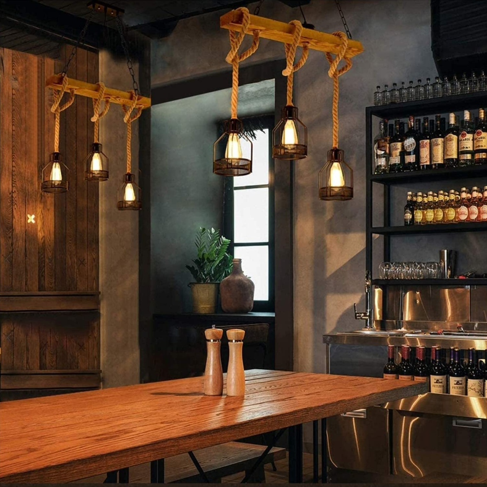 Hemp Rope Pendant Light Industrial Metal 3-5-8 Lights Grenade-Style Vintage String Lighting Dining Room Living Room | Sansoti