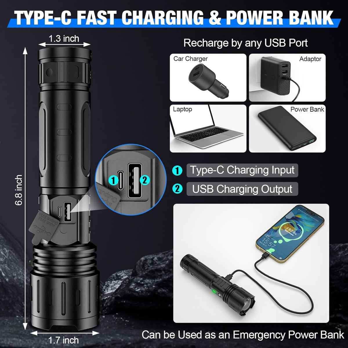 Rechargeable LED Flashlight, 100000 Lumens, Aluminum, IPX6 Waterproof, for Outdoor Camping, Hiking, and Emergencies | Sansoti