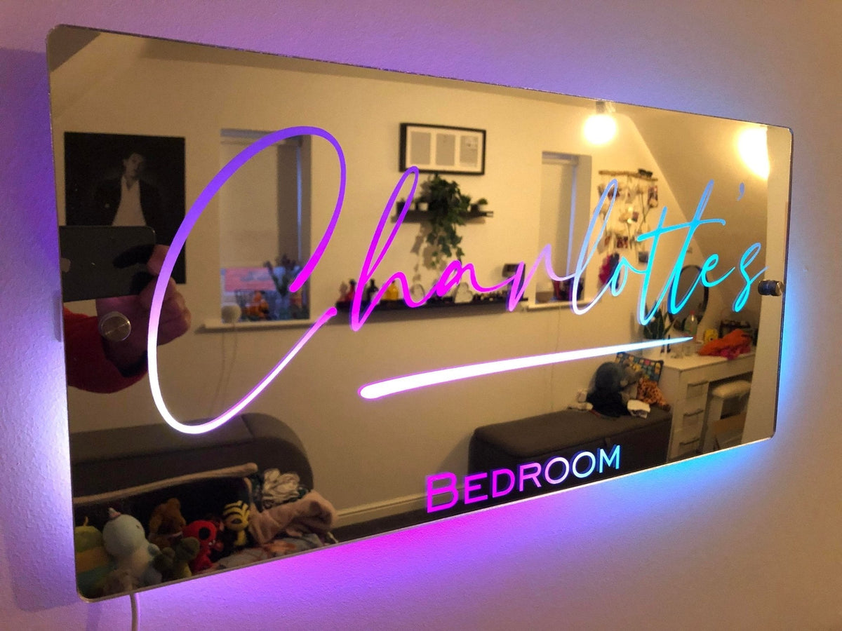Personalized LED Mirror with Neon Light and Custom Text for Wall Decoration | Sansoti