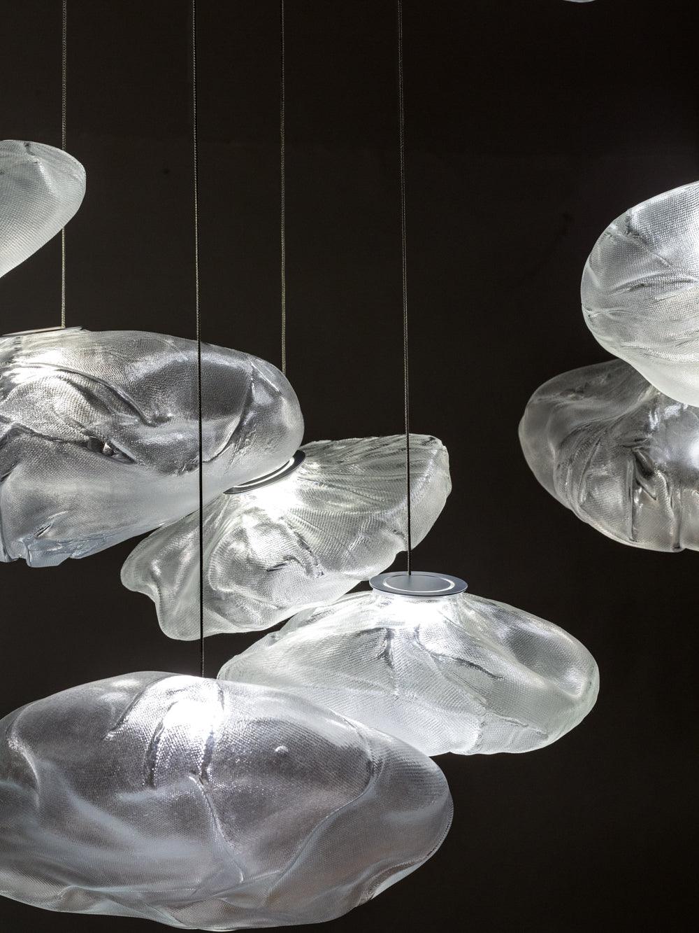 Glas-Hängeleuchte mit organischer Textur Transparent Rauchgrau Bernstein | Sansoti