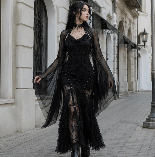 Mesh Crop Top met Vleermuis Mouwen - Gothic Transparant Shirt voor Feesten Cosplay en Uitgaan - Zwart | Sansoti