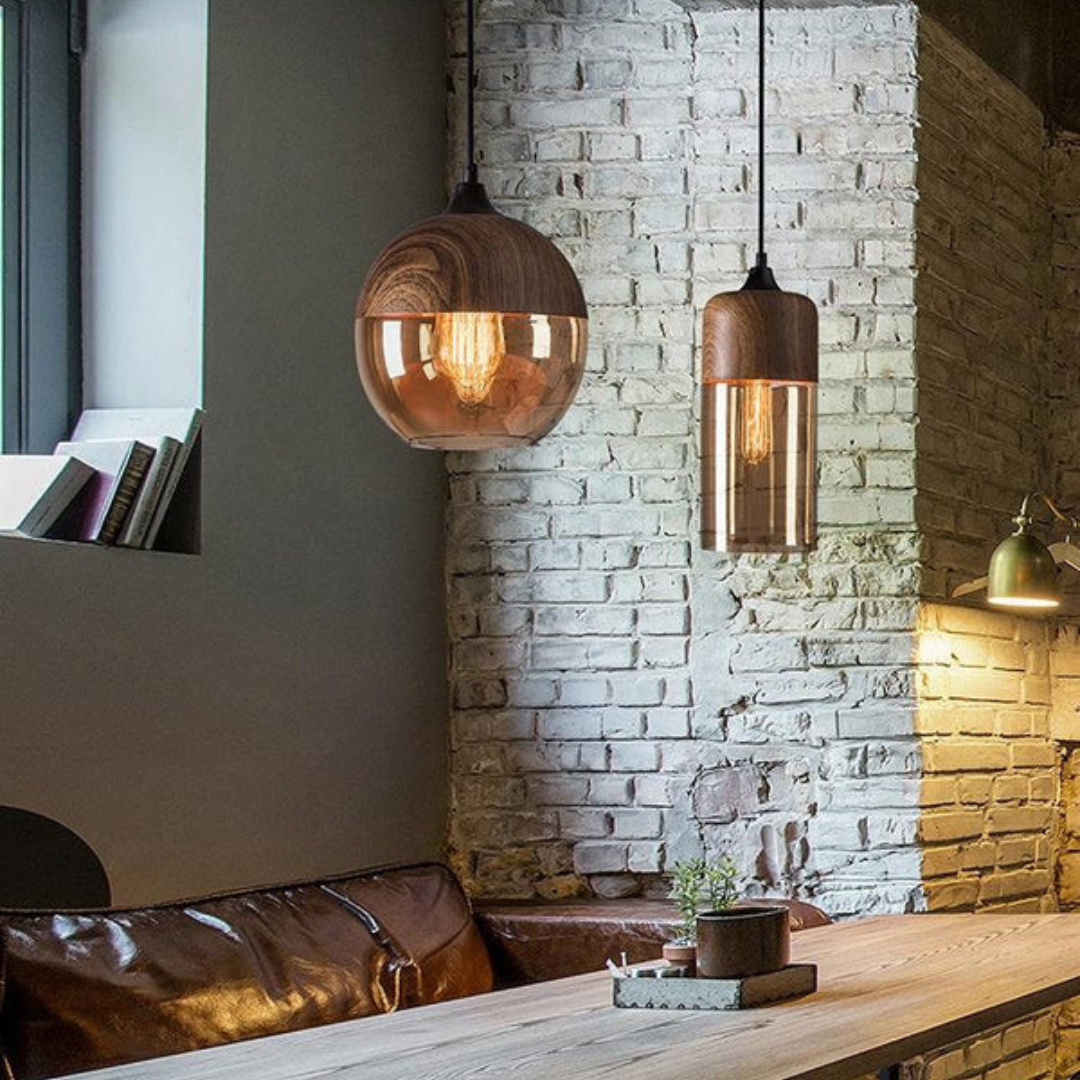 Suspension Verre Métal Aspect bois E27 Réglable Salon Salle à manger Chambre Lampe design scandinave Éclairage intérieur | Sansoti