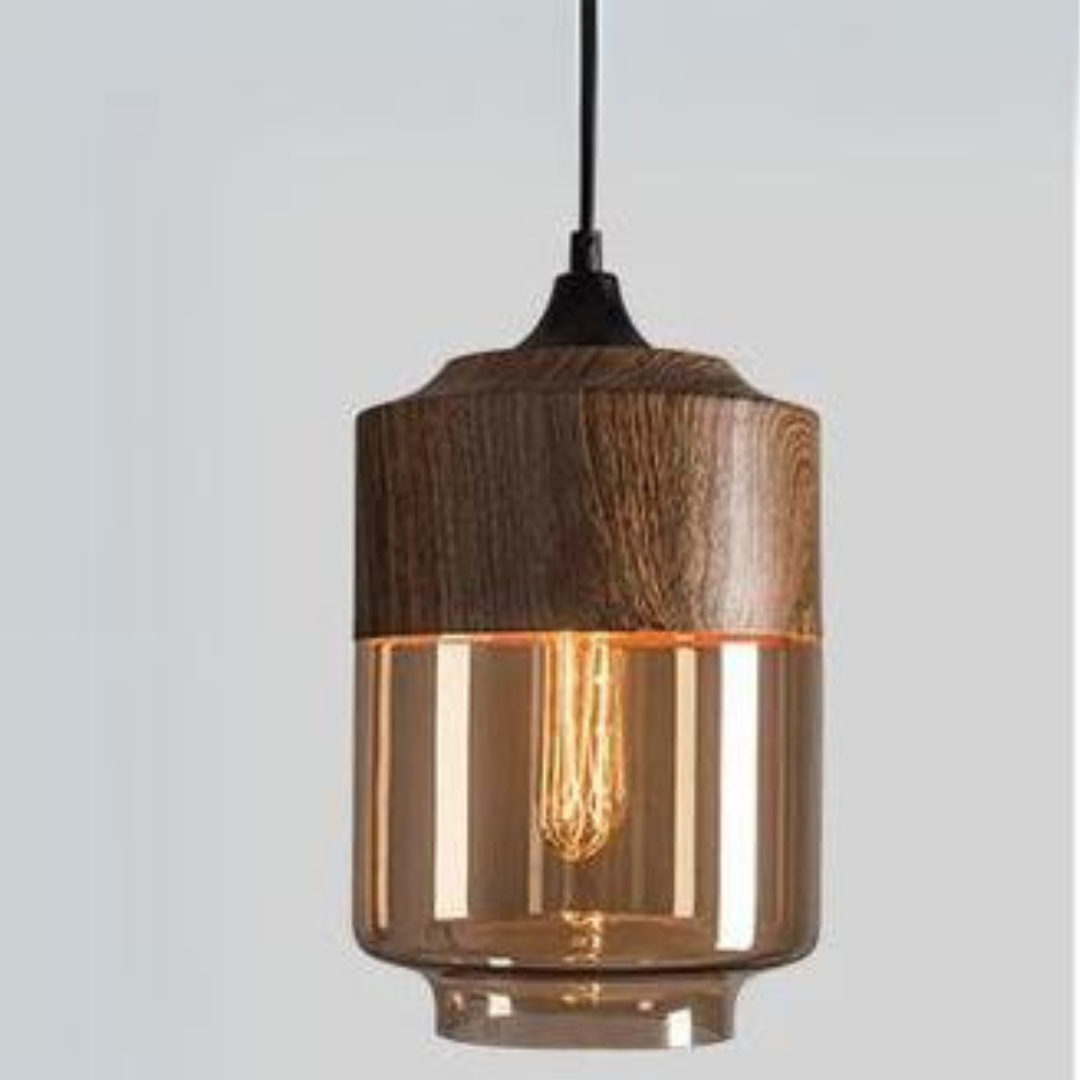 Suspension Verre Métal Aspect bois E27 Réglable Salon Salle à manger Chambre Lampe design scandinave Éclairage intérieur | Sansoti