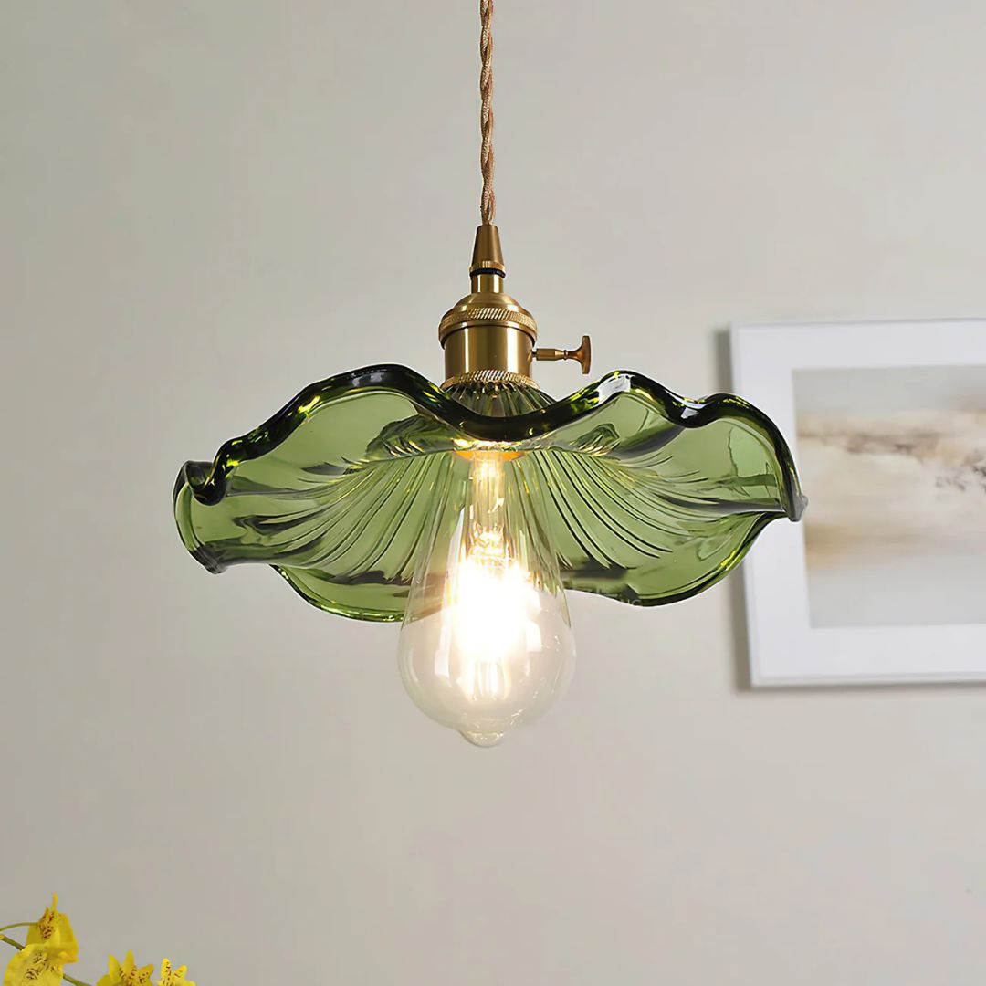 Hanglamp Glas E27 23cm Groen Messing Bloemvorm Eettafel Slaapkamer Retro Verlichting Vintage Hanglamp | Sansoti