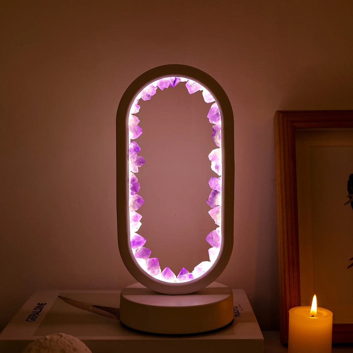 Handcrafted Amethyst Celestite Gemstone Lamp, Ambient Lighting for Relaxation, Meditation, Yoga, and the Bedroom | Sansoti