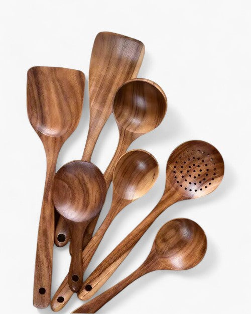Teakholz Küchenutensilien Set | Nachhaltiges Holzbesteck für den täglichen Gebrauch | Schonend für Pfannen | Elegantes Küchenaccessoire | Umweltfreundlich | Sansoti