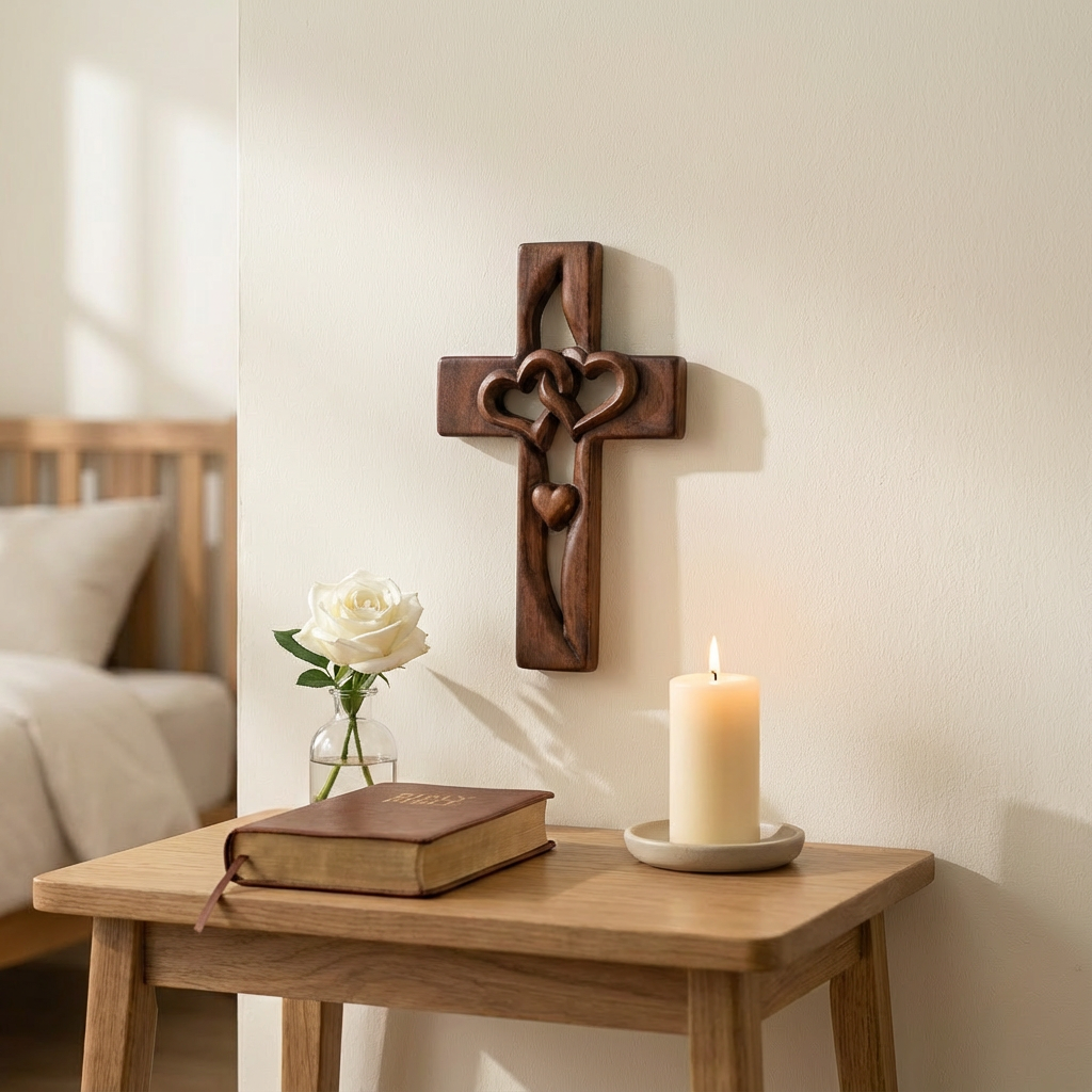 Heart-Shaped Cross Wall Decoration Wood – Handmade Religious Wall Ornament with Intertwined Hearts – Faith & Love Symbol for Entrance, Bedroom, Living Room | Sansoti