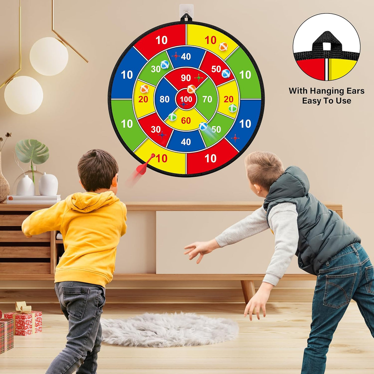 Großes doppelseitiges Dartboard für Kinder mit 12 Klettbällen und 6 Klettpfeilen für aktiven Spielspaß drinnen und draußen 74 cm | Sansoti