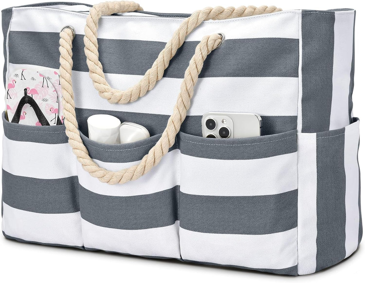Sac de plage XXL en toile avec fermeture éclair, étanche, 7 poches, sans sable, sac de piscine, de voyage, cabas et bandoulière pour les vacances | Sansoti
